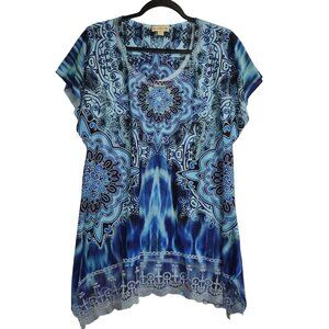 Live And Let Live Blue Mandala Print Tunic Top With Lace Hem Size L 4015
